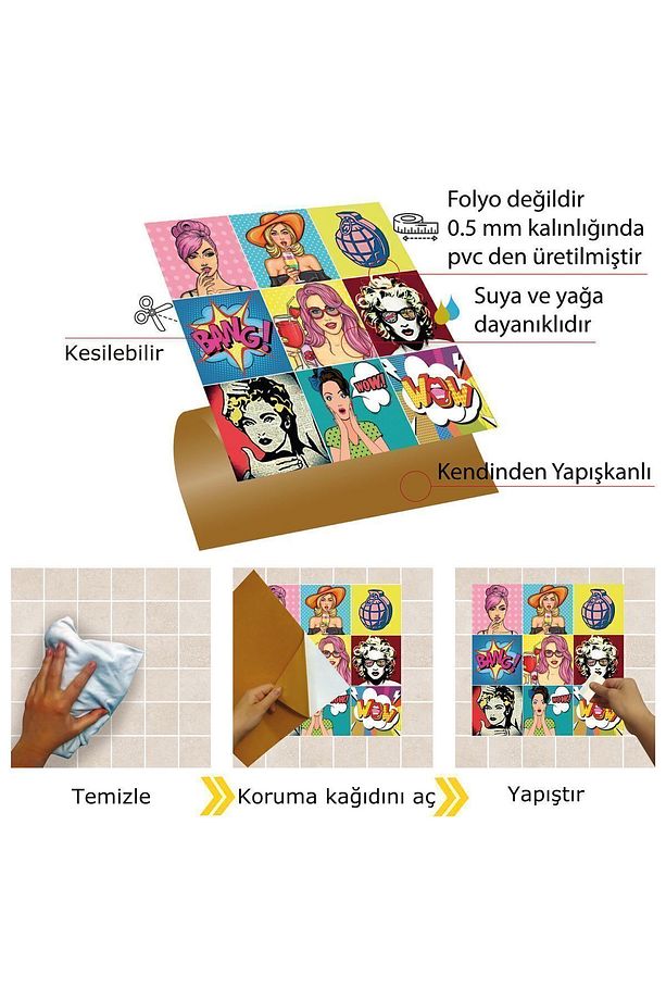 Kendinden Yapışkanlı Karma Popart Desenli Pvc Karo 30x30 Cm (4 ADET) 0,36 M2 - 4