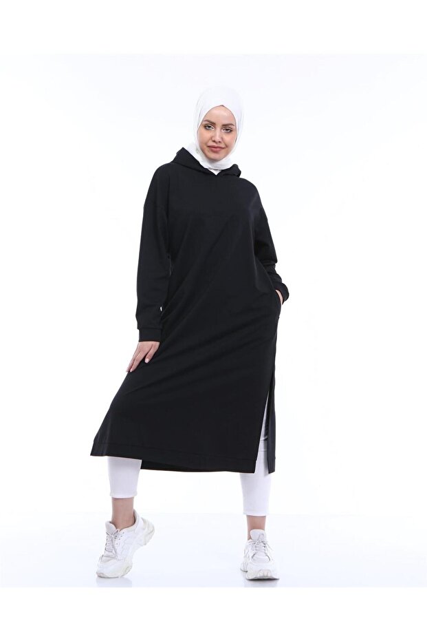 Atlas Kapşonlu Uzun Sade Basic Sweatshirt - 03007.003 - Siyah - 4
