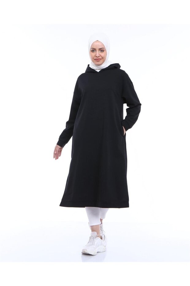 Atlas Kapşonlu Uzun Sade Basic Sweatshirt - 03007.003 - Siyah - 1