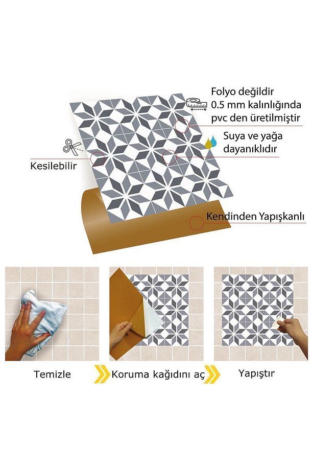Kendinden Yapışkanlı Mutfak Banyo Kaplama Geometrik 037 Desenli Pvc Karo 30x30 Cm (11 ADET) 1m2 - 3