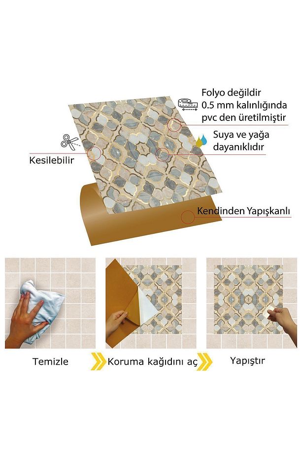 Kendinden Yapışkanlı Gold Çiçek Desenli Pvc Karo 30x30 Cm (4 ADET) 0,36 M2 - 4