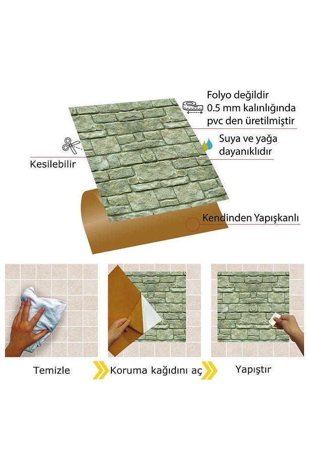 Kendinden Yapışkanlı Seramik Fayans Kaplama Taş Duvar Desenli Pvc Karo 30x30 Cm (4 ADET) 0,36 M2 - 3