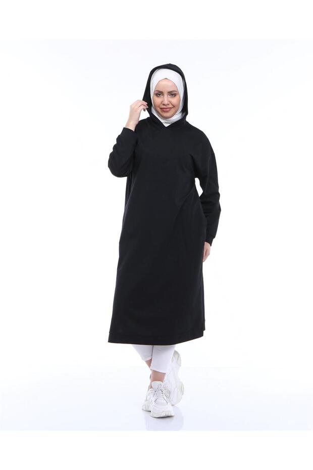Atlas Kapşonlu Uzun Sade Basic Sweatshirt - 03007.003 - Siyah - 7