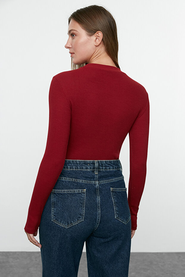 Bordo-Taş 2'li Paket Slim Çıtçıtlı Dik Yaka Fitilli Esnek Örme Body TWOAW23BD00030 - 5