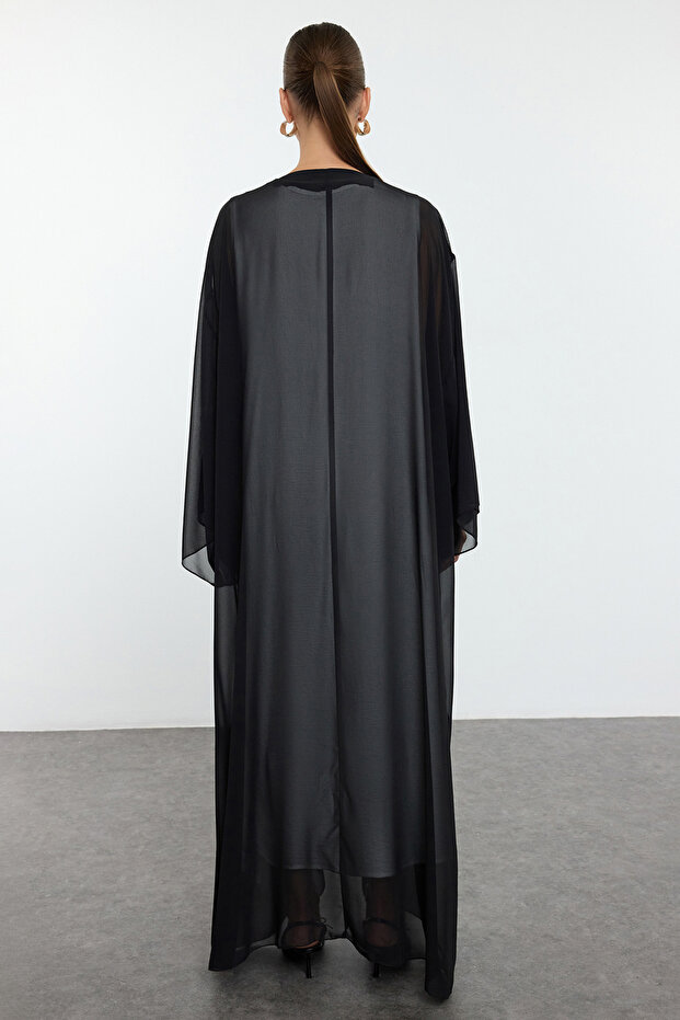 Siyah Eteği Katlı Taş Detaylı Dokuma Kap & Ferace & Abaya TCTAW25KF00005 - 5