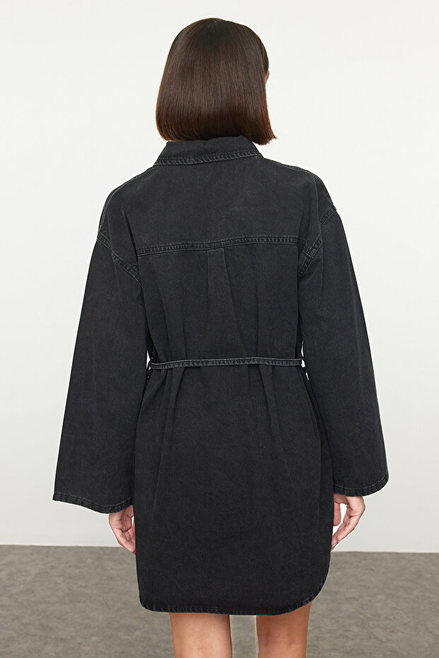 Antrasit Oversize Bağlamalı Denim Gömlek TWOAW25GO00082 - 4