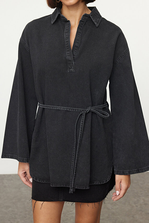 Antrasit Oversize Bağlamalı Denim Gömlek TWOAW25GO00082 - 2