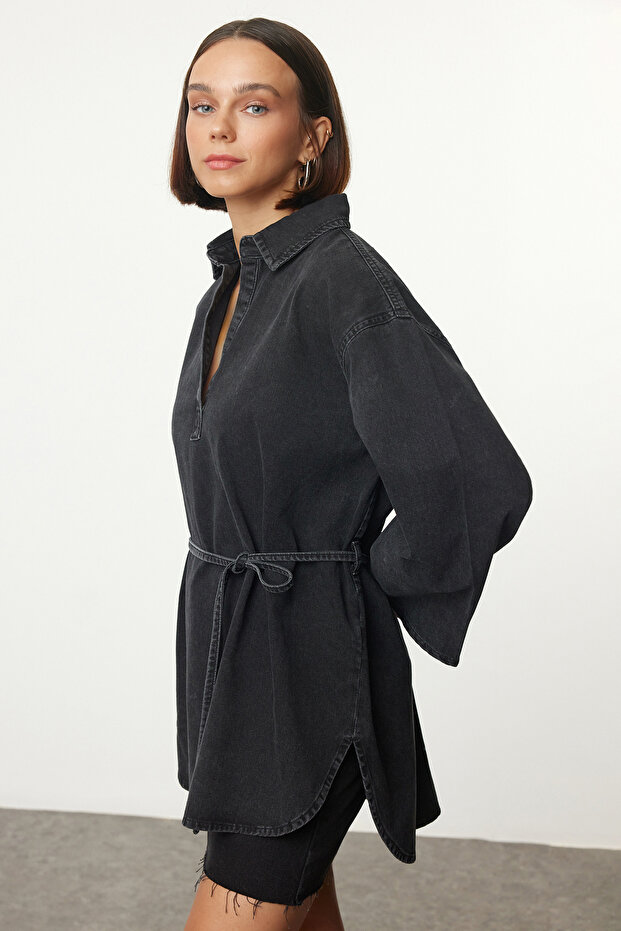 Antrasit Oversize Bağlamalı Denim Gömlek TWOAW25GO00082 - 1