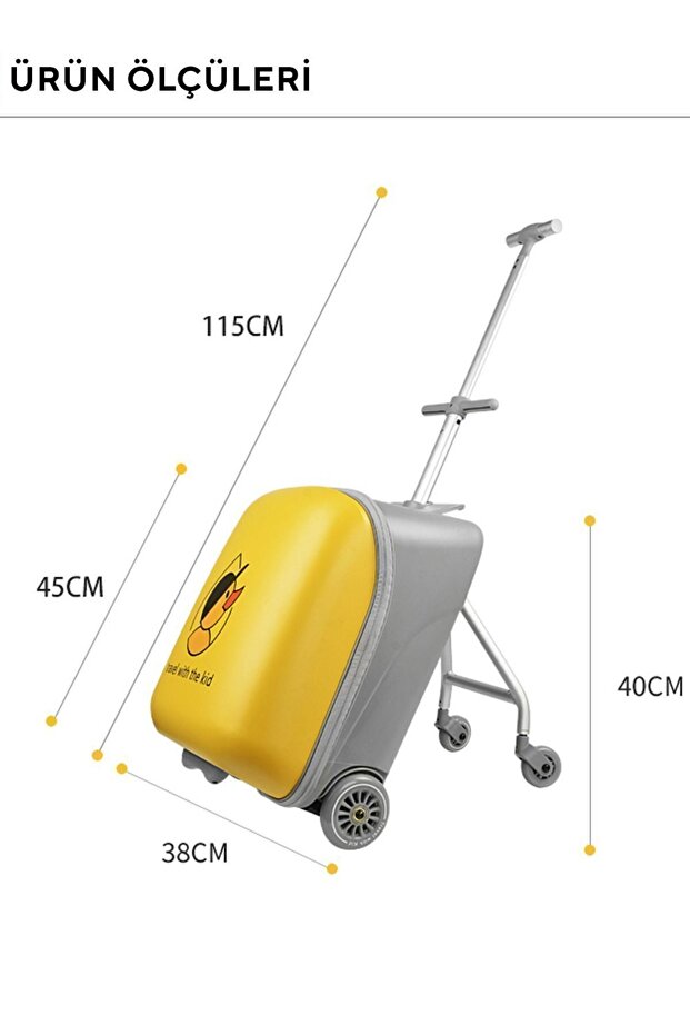 Çocuk Valizi Sevimli Ördek Oturulabilir Sarı Seyahat Bavulu - 6