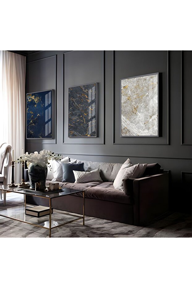 Hari̇kabi̇rev | Blue-Gold-Gray Abstract Combination | Framed Glass Table 3 Pieces Vertical