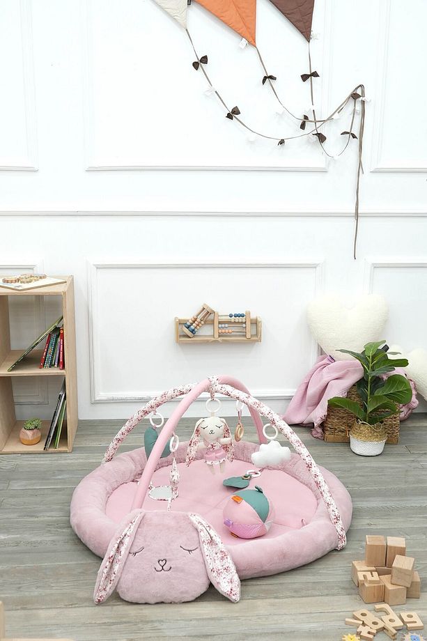 Bebek Oyun Alanı, Tavşanlı Bebek Aktivite Matı, Güvenli ve Yumuşak Oyun Matı, Baby Gym Serisi, Pudra - 4
