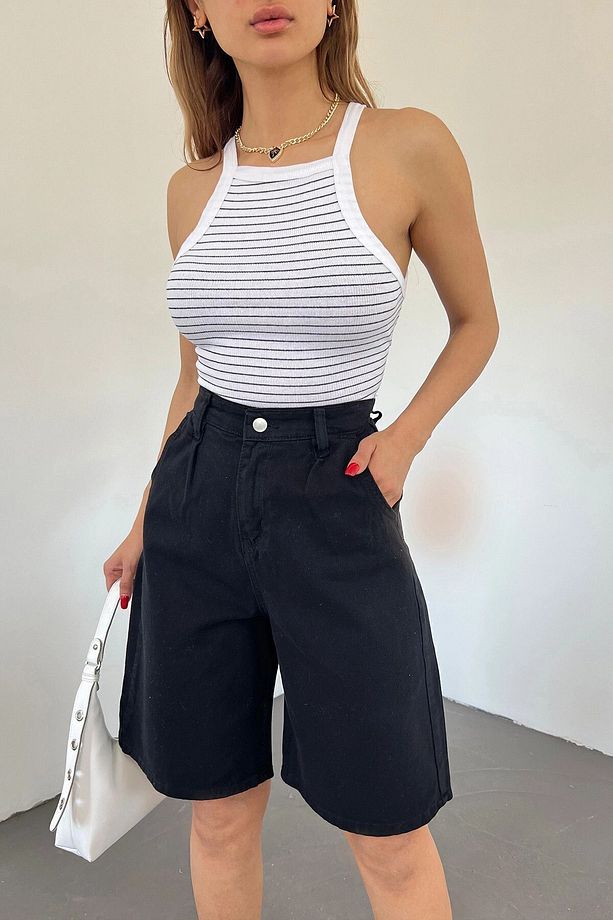 Kadın Siyah Çift Cepli Bermuda Denim Şort Bcdf-233303 - 2