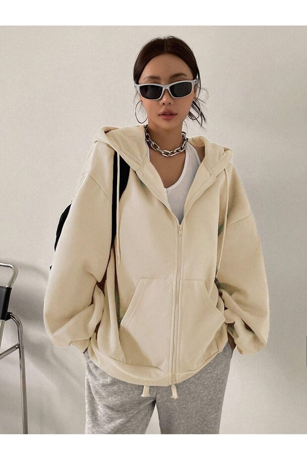 New Season Balloon Sleeve Beige Zippered Hooded Sweatshirt Cardigan Jacket