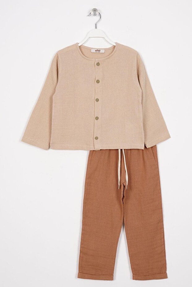 Beige Brown Color Boys' Pants Set with Shirt