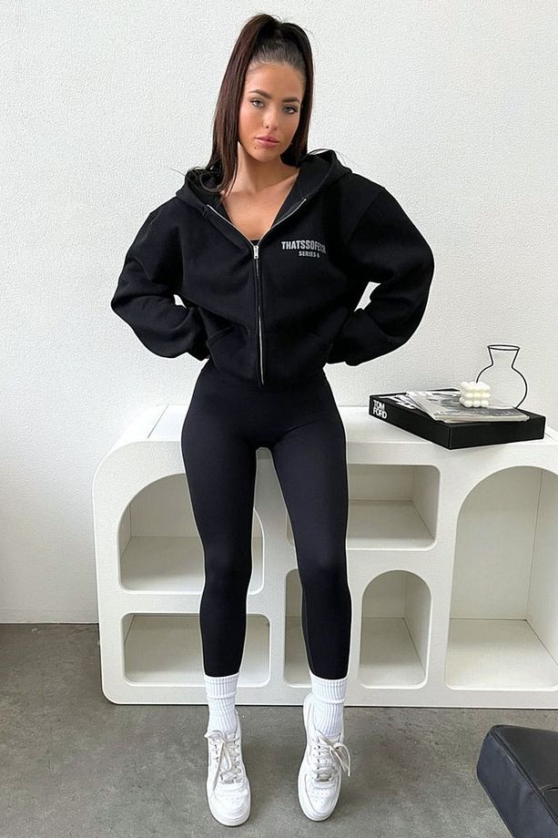 Thatssofetch Kalın Hırka - Siyah Baskılı Yazlık Oversize Kapüşonlu Fermuarlı Cepli Hırka - 2