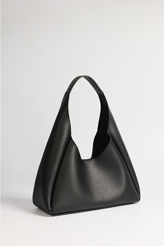 Women's Black Faux Leather Hand and Shoulder Bag with Zippered Interior Compartment
