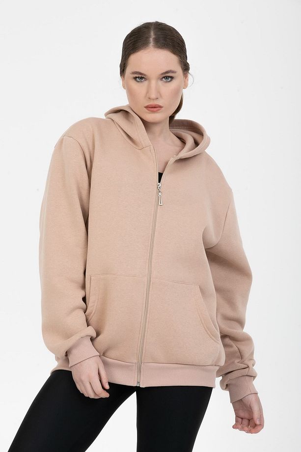 Unisex Soft Camel Oversize Kanguru Cep Detaylı Fermuarlı Sweat - 3