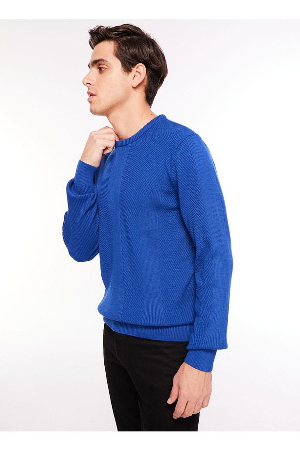 Bisiklet Yaka Basic Jakarlı Saks Erkek Kazak F3WM-KZK152 - 1