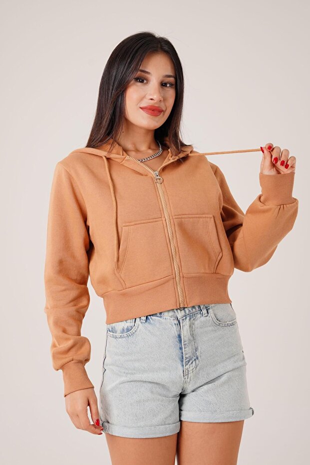 Short Model Zippered Camel Sports Cardigan