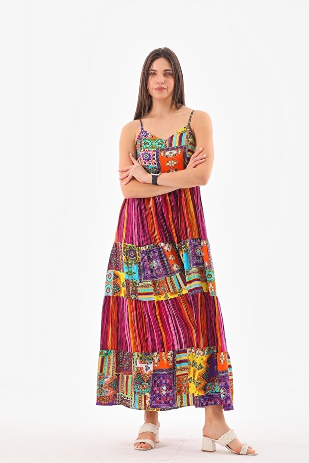 Askılı Patchwork Elbise - 4