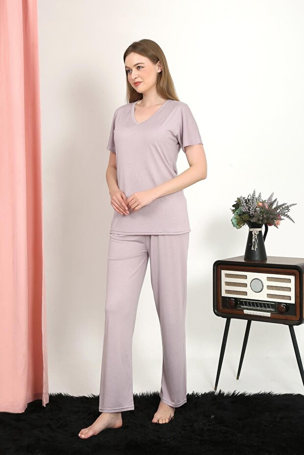 Women's Short Sleeve Cotton Combed Pajama Suit Powder 4213