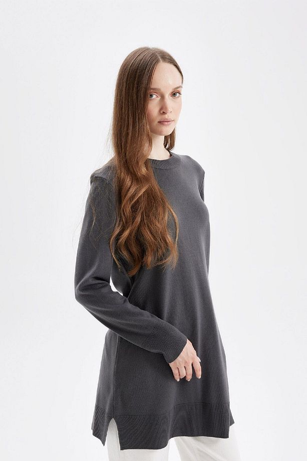 Regular Fit Bisiklet Yaka Yırtmaçlı Basic Düz Triko Kazak Tunik H3431az24au - 3