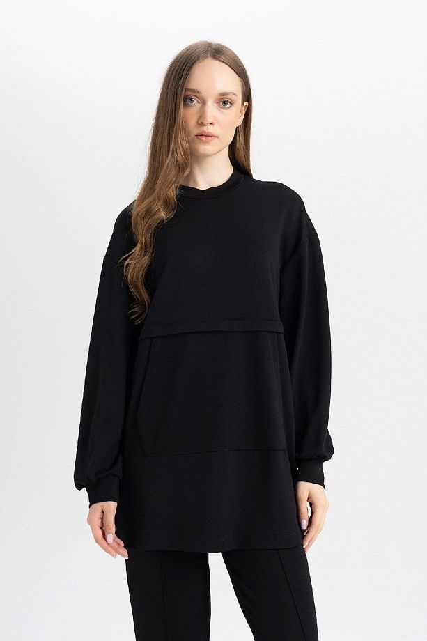 Regular Fit Bisiklet Yaka Kanguru Cepli Basic Düz Sweatshirt Tunik B0039ax24au - 1