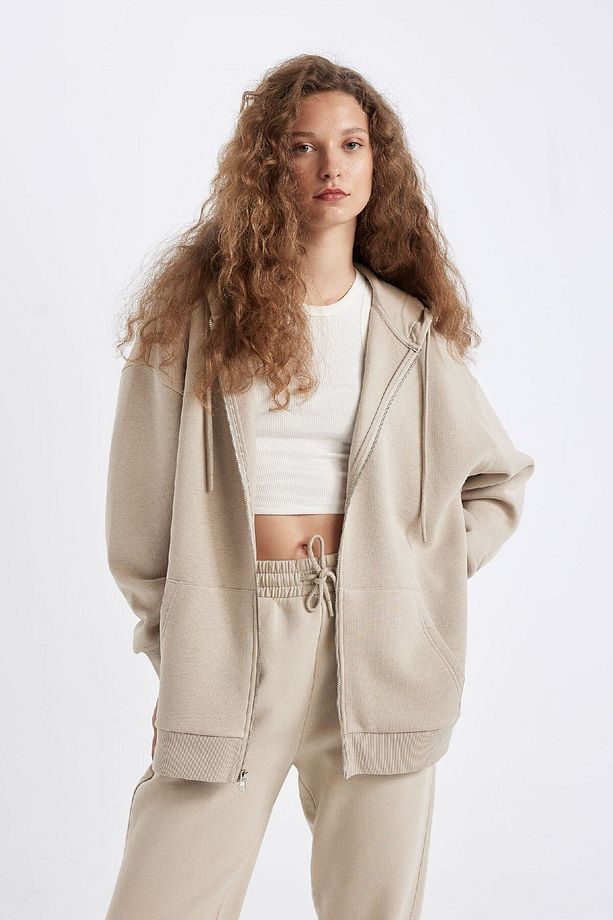 Oversize Geniş Kalıp Kapüşonlu Cepli Basic Düz Fermuarlı Sweatshirt V4233az24wn - 1