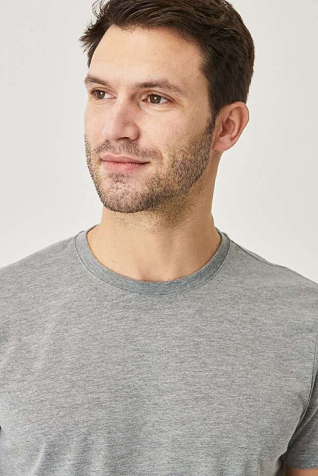 Erkek Beyaz-grı Melanj-k.grı Slim Fit Dar Kesim Bisiklet Yaka 3'lü %100 Pamuk Basic Tişört Paketi - 6