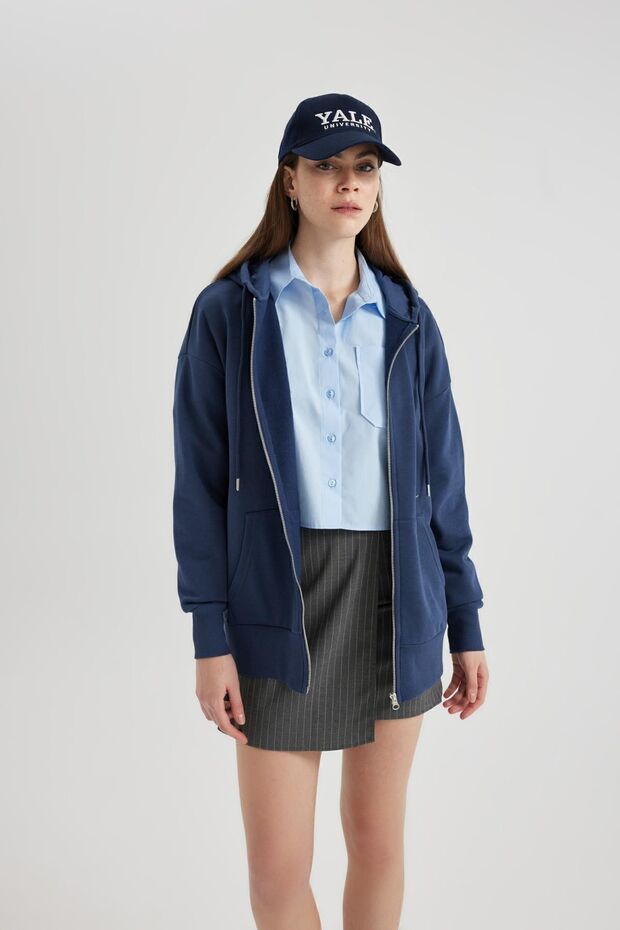 Oversize Fit Kapüşonlu Kalın Kumaş Hırka - 3