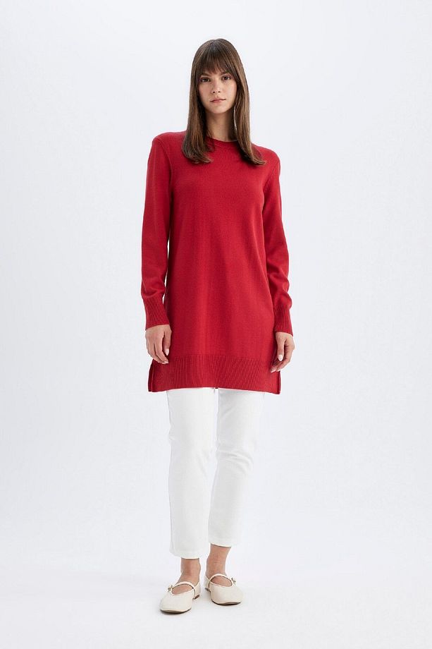 Regular Fit Bisiklet Yaka Yırtmaçlı Basic Düz Triko Kazak Tunik H3431az24au - 2