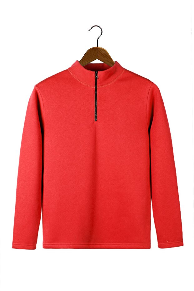 Men's Light Red Basic Plain Sweatshirt - Half Zipper - 2