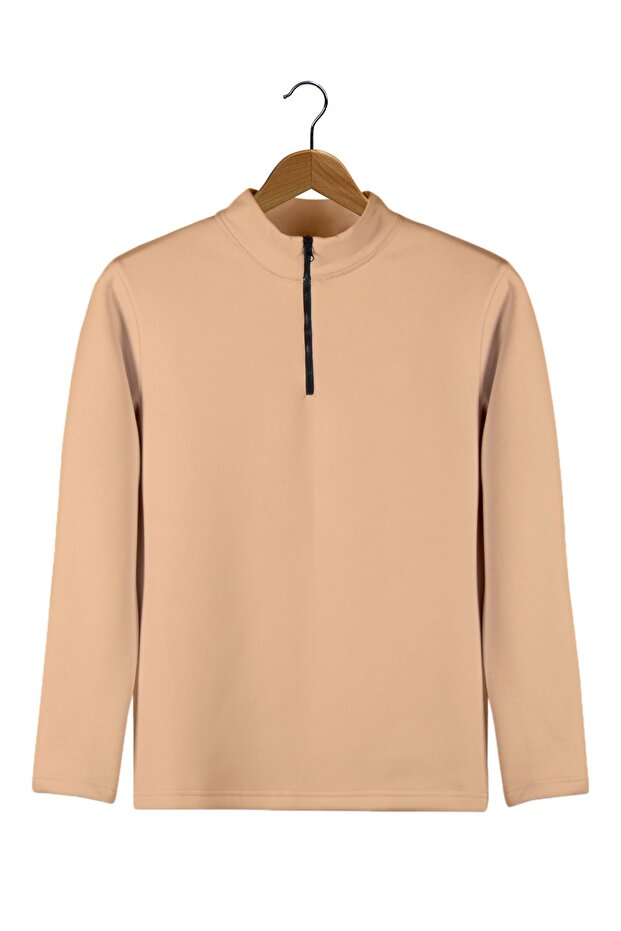 Men's Cream Colored Half Zipper Basic Sweatshirt - 2