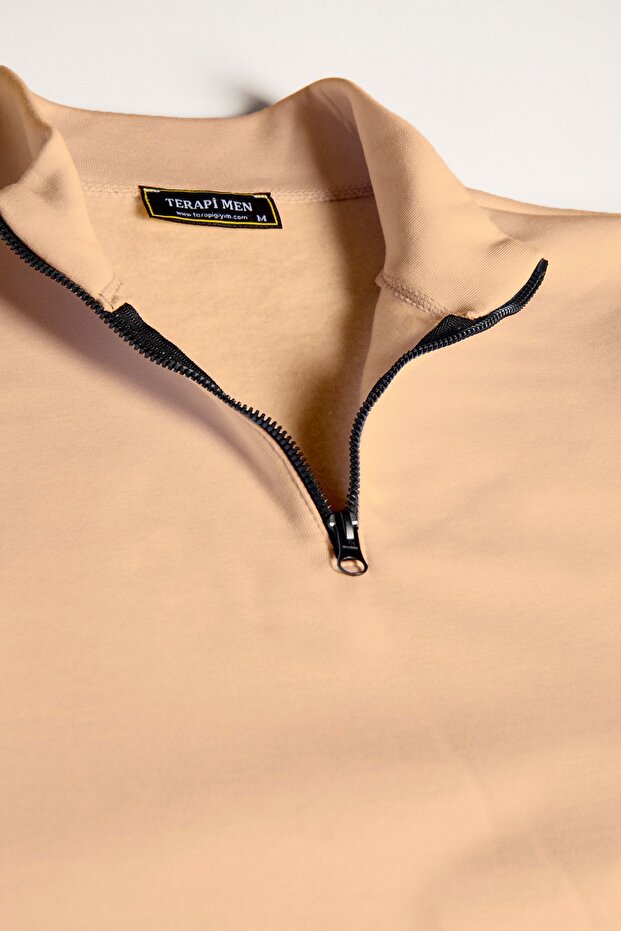 Men's Cream Colored Half Zipper Basic Sweatshirt - 5