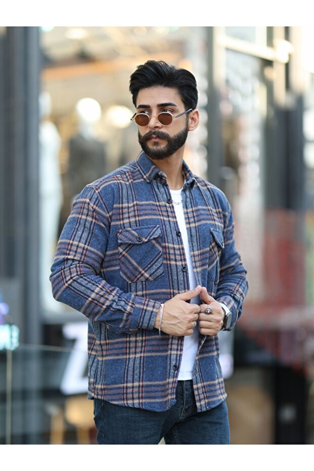 Men's Navy Blue Brown Striped Double Pocket Lumberjack Shirt