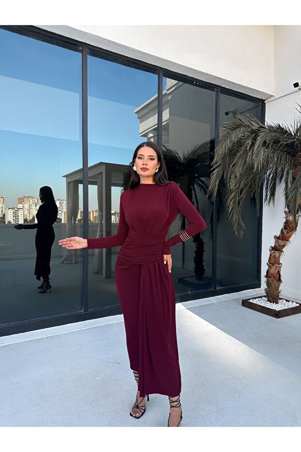 Claret Red Basic ντραπέ φόρεμα - 2