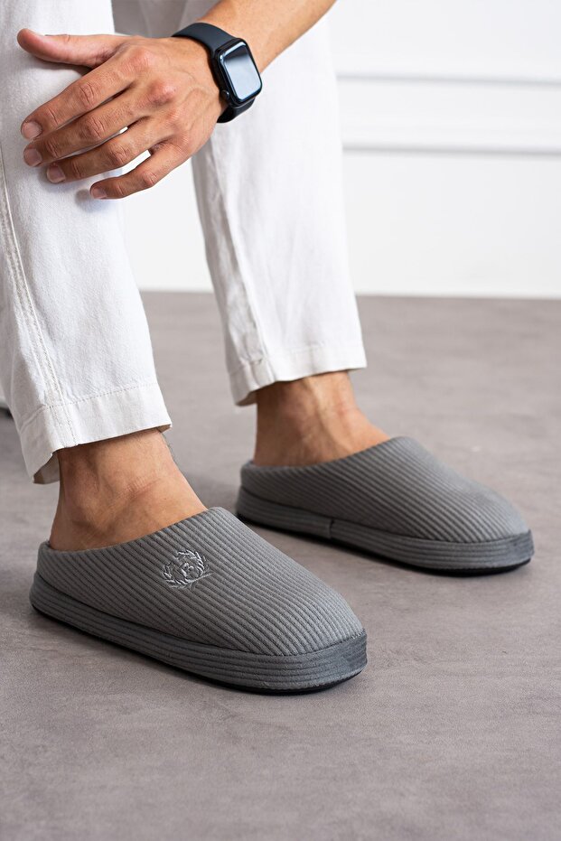 Unisex Embroidered Velvet Corduroy Pattern Comfortable Soft Sole Fur Inside Slippers