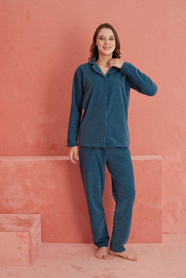 Petrol Düz Önden Düğmeli Polar Pijama Takım - 2