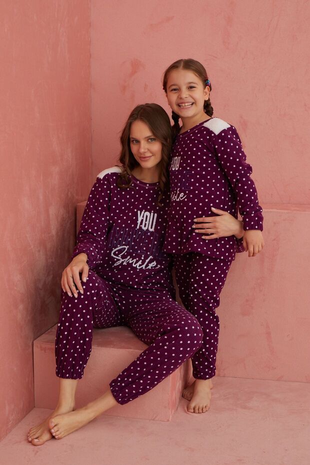 Mor Smile Puan Desenli Bisiklet Yaka Peluş Polar Pijama Takım - 1