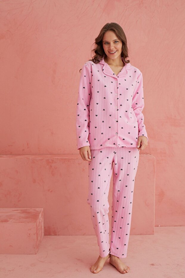 Pembe Kalp Desenli Önden Düğmeli Polar Pijama Takım - 2