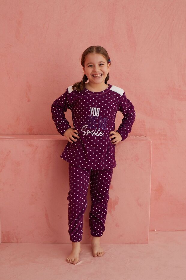 Mor Smile Puan Desenli Bisiklet Yaka Peluş Polar Pijama Takım - 3