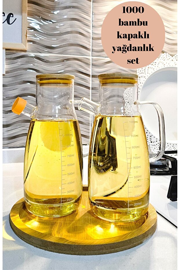 3-Piece Oil and Vinegar Dispenser Set with Bamboo Lid and Bamboo Stand, 900 ml, Round Stand, 24 cm