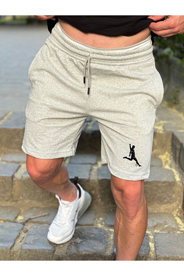 Men's Gray Combed Fabric Football Player Printed Shorts Slimfit Mold