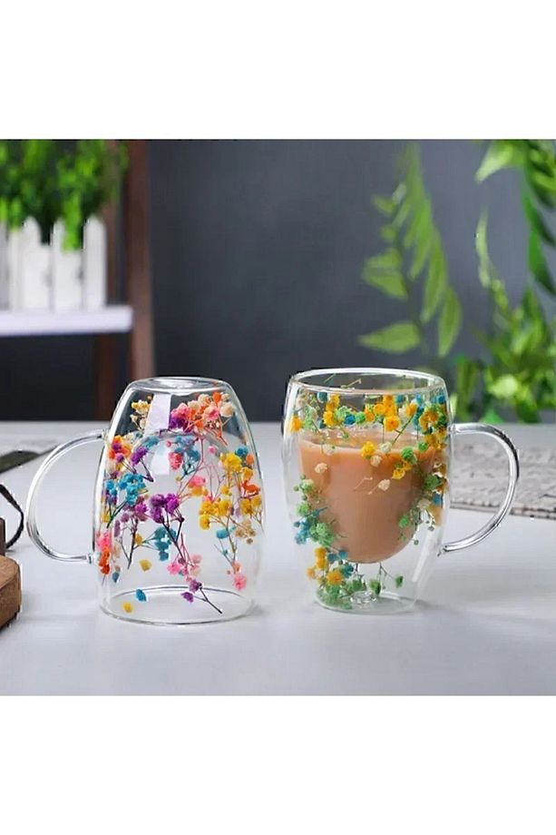 Isıya Dayanıklı Borosilikat Çift Çidarlı Flower Cup Çiçekli Bardak | Çiçekli Kahve Sunum Bardağı - 1