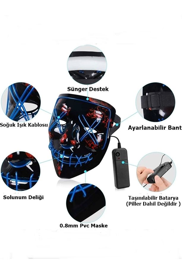 Hallowen 3 Modlu Led Işıklı Neon Parti Eğlence Cadılar Bayramı Yılbaşı Maskesi Mavi - 4