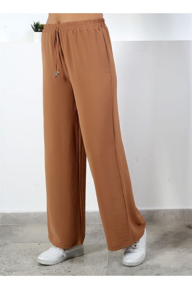 Women's Brown Elastic Waist Wide Leg Loose Summer Trousers Aerobin-86582900