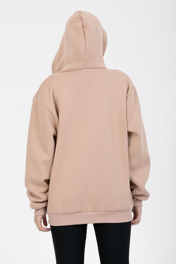 Unisex Soft Camel Oversize Kanguru Cep Detaylı Fermuarlı Sweat - 6