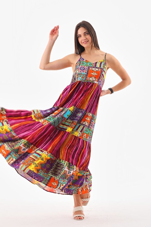 Askılı Patchwork Elbise - 3