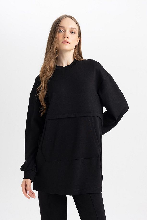 Regular Fit Bisiklet Yaka Kanguru Cepli Basic Düz Sweatshirt Tunik B0039ax24au - 3