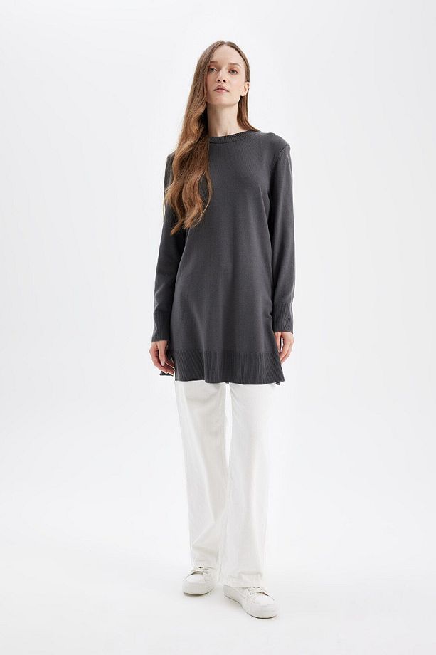 Regular Fit Bisiklet Yaka Yırtmaçlı Basic Düz Triko Kazak Tunik H3431az24au - 2